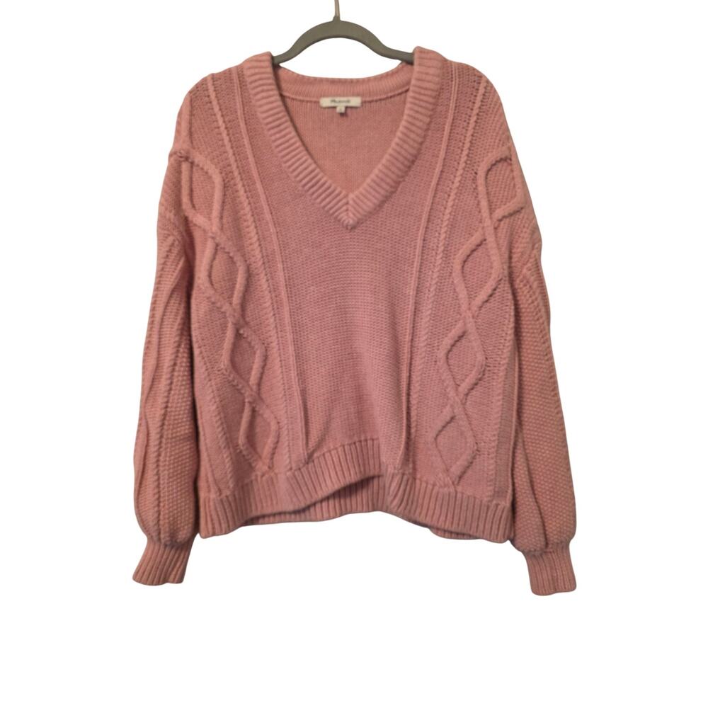 Madewell Women’s Medium Dusty Rose Cable Knit V Neck Sweater Balloon Sleeve